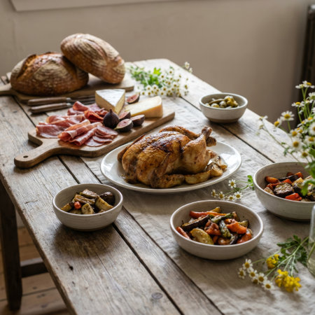 A beautifully styled rustic feast on a weathered wood table, featuring a golden roast chicken, charcuterie, artisan bread, and fresh vegetables, bathed in soft natural light.の素材