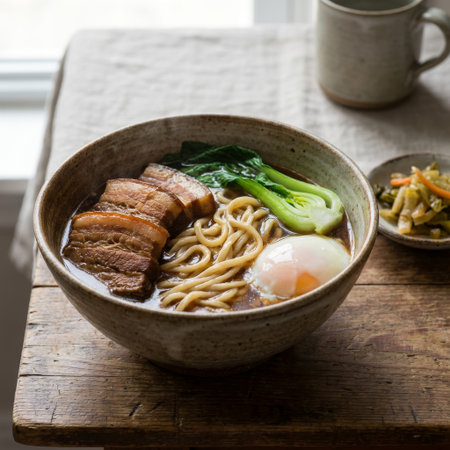 Natural light illuminates a hearty bowl of Asian noodle soup with pork belly, a poached egg, and greens. A cozy, rustic meal on a weathered wood surface.の素材