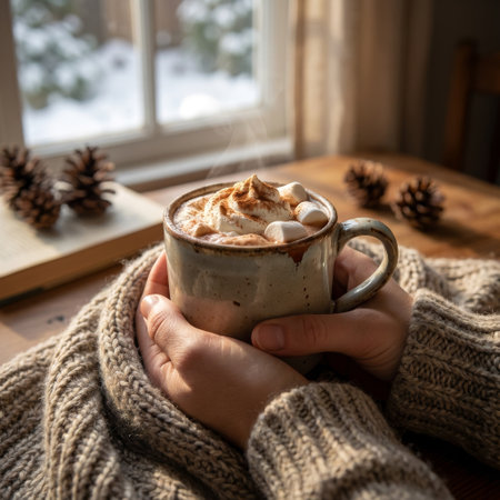 Hands in a cozy knit sweater cradle a steaming mug of hot chocolate by a sunlit window. Outside, a snowy scene unfolds, creating a perfect moment of warm, winter comfort.の素材