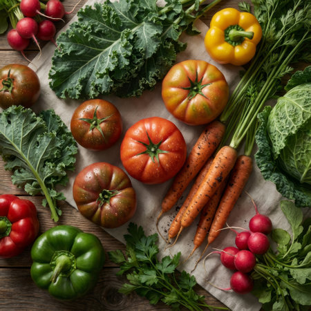 A rustic, top-down still life of a vibrant farm-to-table harvest. Freshly picked vegetables, including earthy carrots and heirloom tomatoes, rest on a wooden table.の素材