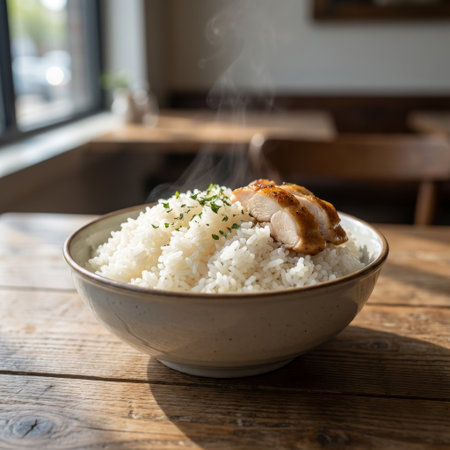 A warm, steaming bowl of white rice and grilled chicken sits on a rustic wooden table, bathed in soft, natural light from a nearby window. A cozy, appetizing lunch scene.の素材