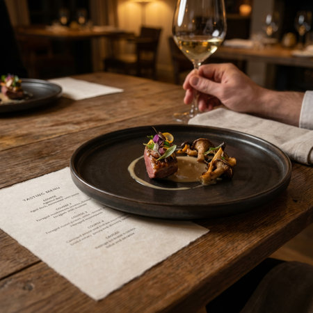 An intimate fine dining experience. A guest savors a gourmet course of seared duck and mushrooms, paired with white wine, at a rustic wooden table with a tasting menu.の素材
