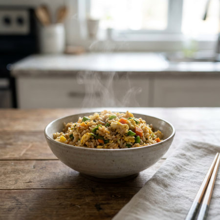 A warm bowl of freshly made vegetable fried rice steams on a rustic wooden table. The shallow focus highlights the food against a bright, blurred kitchen background.の素材