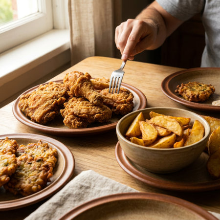 A man enjoys a hearty, homestyle meal of crispy fried chicken, potato wedges, and corn fritters served on rustic earthenware plates by a sunlit window.の素材