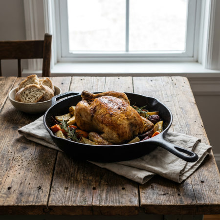 A perfectly roasted chicken, golden and crisp, sits in a cast iron skillet with vegetables on a rustic table. Soft natural light from a window creates a warm, inviting scene.の素材