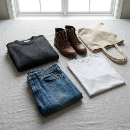 A man's complete casual outfitâsweater, jeans, t-shirt, boots, toteâis perfectly arranged on a bed in serene, natural window light, suggesting preparation.の素材