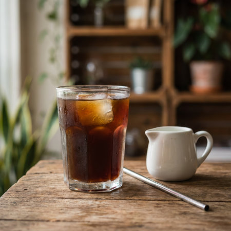 A refreshing glass of iced coffee, beaded with condensation, sits on a rustic wooden table with a creamer and a sustainable metal straw in a cozy, plant-filled cafe.の素材