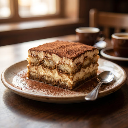 A delicious slice of tiramisu on a rustic plate, dusted with cocoa. Two espressos sit in the background of a cozy cafe, illuminated by soft, warm window light.の素材