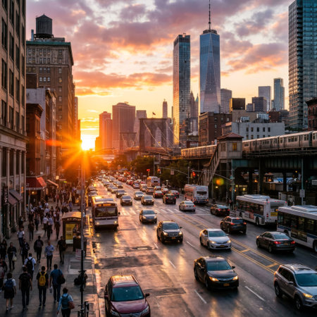 An energetic NYC rush hour scene as the sun sets, casting a dramatic flare over traffic, an elevated train, and the iconic downtown Manhattan skyline with the Brooklyn Bridge.の素材