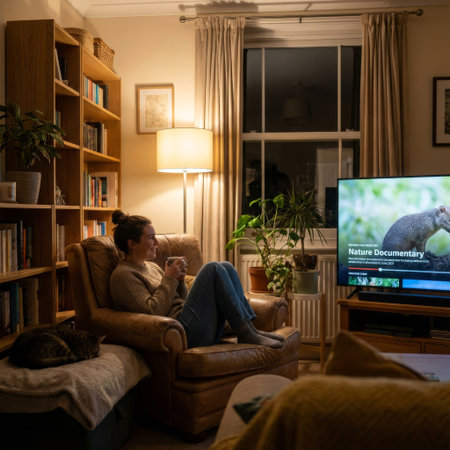 A woman enjoys a peaceful evening at home, relaxing in a leather armchair with a mug while watching a nature documentary. Her cat sleeps soundly beside her in the cozy, warm room.の素材