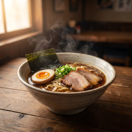 An appetizing bowl of traditional Japanese ramen, with savory broth, tender pork, and a marinated egg, steams gently in the warm, natural light of a cozy eatery.の素材