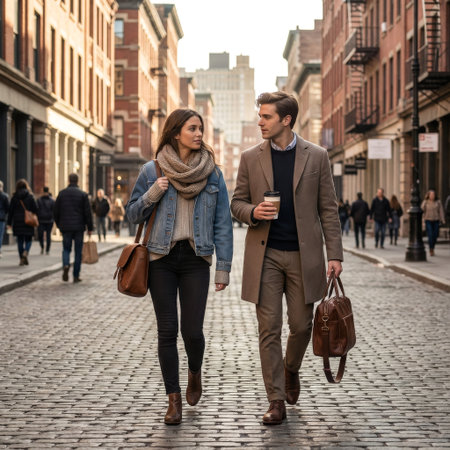 A fashionable couple shares an intimate conversation while strolling down a historic cobblestone street, surrounded by the blurred ambiance of a bustling city. A moment of connection.の素材