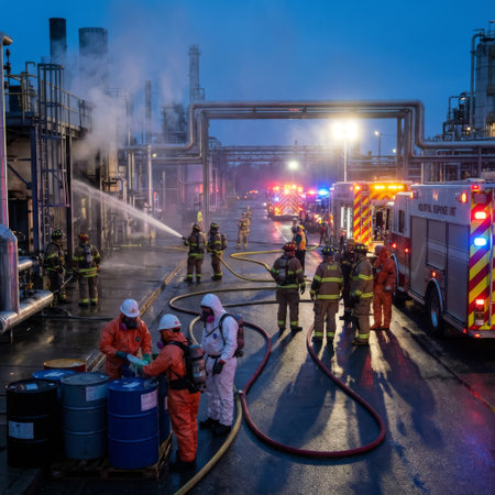 A dramatic twilight scene of a coordinated emergency response at an industrial plant, with firefighters and hazmat teams working amidst steam, hoses, and flashing vehicle lights.の素材