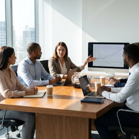 A diverse team of professionals collaborates in a sunlit boardroom. A female leader presents a growth chart on a monitor, discussing strategy with her attentive colleagues.の素材