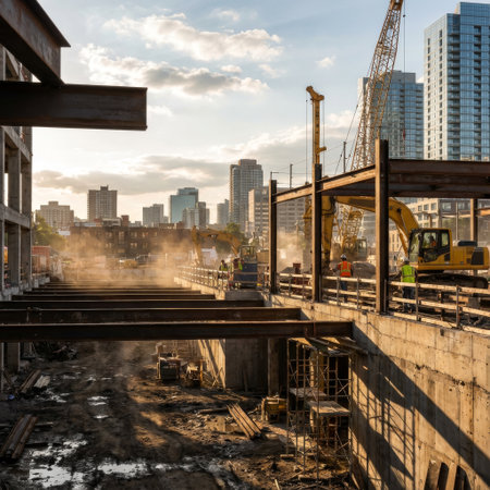 Framed by massive steel beams, a city construction site is alive with activity at golden hour. Workers and excavators operate amidst dust against a backdrop of modern skyscrapers.の素材