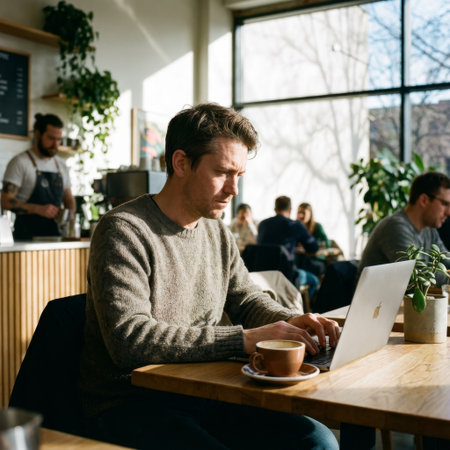 A focused man in a grey sweater works on his laptop at a wooden table in a bright, sunlit cafe. Natural light from a large window illuminates his concentrated expression.の素材