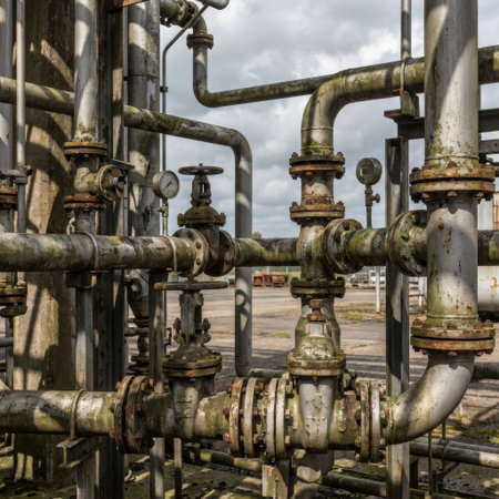 A complex network of old, corroded pipes with rusty valves and gauges at an abandoned industrial site. Moss and decay texture the metal under a somber, cloudy sky.の素材