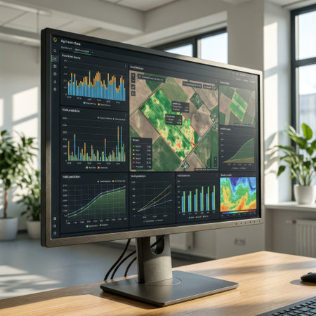 Close-up of a computer screen showing a precision agriculture interface with data analytics, sensor maps, and yield forecasts in a modern, sunlit workspace.の素材