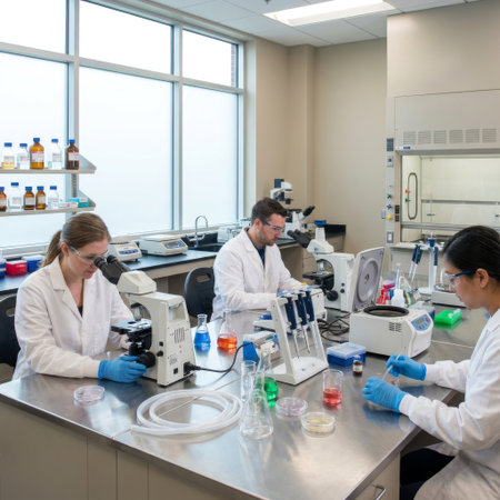 A diverse team of focused scientists in white lab coats conducts experiments in a modern, sunlit laboratory, using microscopes and colorful liquids.の素材