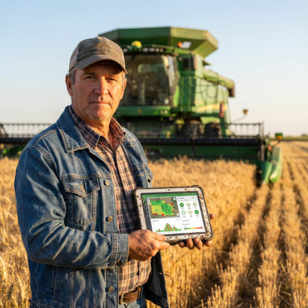 A confident, mature farmer stands in a golden wheat field, showcasing precision agriculture data on a tablet. A large combine harvester is visible in the background at sunset.の素材