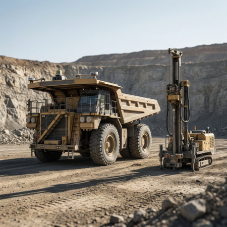 A massive autonomous haul truck, equipped with LiDAR and sensors, stands beside a drilling rig in a sunlit open-pit mine, showcasing advanced industrial mining technology.の素材