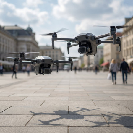 A dynamic low-angle shot captures two modern drones hovering in a sunlit European city square, their sharp shadows cast on the stone pavement below as people walk by.の素材