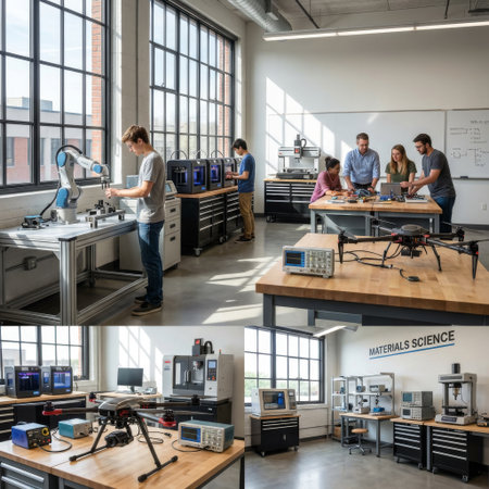 A composite view of a modern materials science lab where diverse students and faculty collaborate on robotics, drones, and 3D printing in a bright, industrial-style workshop.の素材