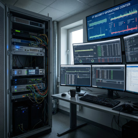 An empty workstation in a high-tech OT Security Operations Center, featuring a multi-monitor setup displaying complex data dashboards and a network server rack with blinking lights.の素材