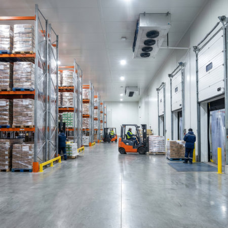 Workers in warm gear operate forklifts in a vast, modern cold storage facility, moving pallets of goods along tall racks and near loading docks in an efficient logistics operation.の素材
