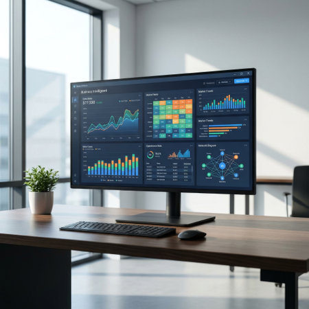 A sleek computer monitor on a clean wooden desk displays a detailed business intelligence dashboard, visualizing complex financial data and market trends in a modern office.の素材
