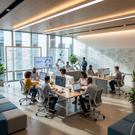 Diverse team of engineers in a bright, modern R&D lab, collaborating on advanced robotics. People work at desks while others present by whiteboards filled with diagrams.の素材