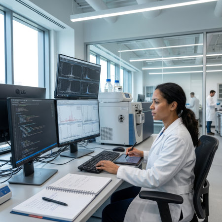 In a bright, modern lab, a focused female scientist analyzes complex data from a mass spectrometer, multitasking between coding and graph interpretation.の素材
