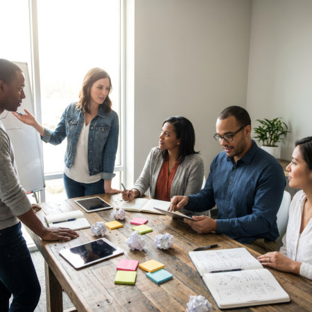 A diverse team of five professionals collaborates in a sunlit meeting room, brainstorming with a whiteboard, tablets, sticky notes, and hand-drawn sketches on a rustic table.の素材