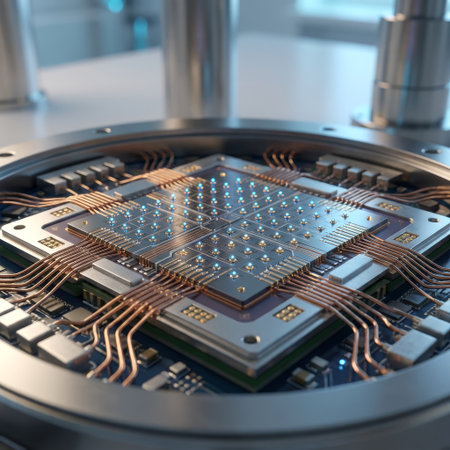 A detailed macro shot of a quantum computer processor. Glowing blue qubits form a grid, interconnected by a complex network of fine copper wires, showcasing future technology.の素材