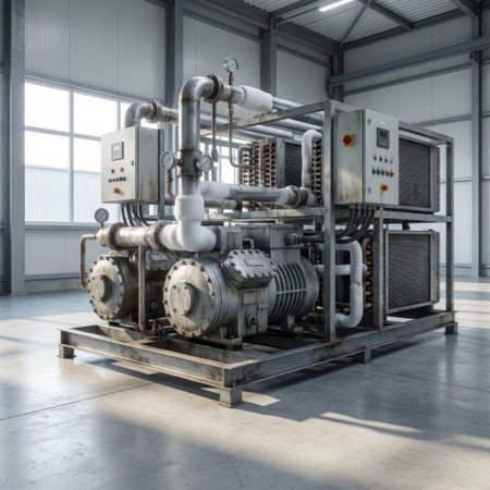 This powerful, aged industrial refrigeration unit with frosted pipes stands in a clean, modern warehouse, bathed in bright daylight from large windows.の素材