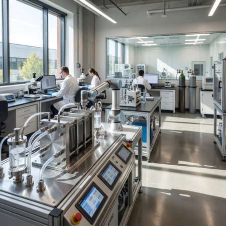 Bright natural light fills a state-of-the-art laboratory where scientists and a cobot work with complex machinery for innovative research and development.の素材