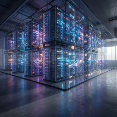 A futuristic data center visualizes high-speed information flow with glowing neon light trails weaving through transparent server racks in a modern, industrial setting.の素材