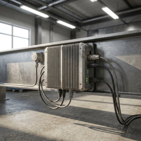 A rugged industrial computer with glowing green LEDs operates in a dusty factory, mounted to a steel I-beam. Sunlight streams through a window, illuminating floating dust particles.の素材