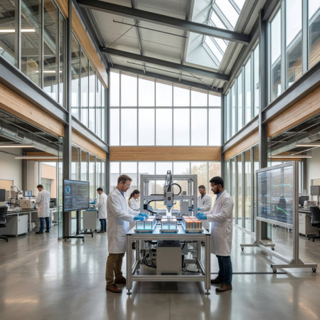 A diverse team of scientists in a sunlit, modern research facility collaborates on advanced technology, operating a robotic arm over what appear to be battery modules.の素材