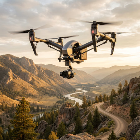 A professional quadcopter with a gimbal camera flies over a breathtaking mountain valley, capturing the scenic river and winding road during a beautiful golden hour sunset.の素材