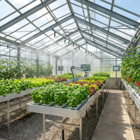 A high-tech greenhouse where a robotic arm tends to lush hydroponic crops. Sunlight streams through the glass roof, illuminating vibrant lettuce, basil, and ripening tomatoes.の素材