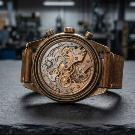 Showcasing horological artistry, this vintage bronze chronograph reveals its complex inner workings against the backdrop of a watchmaker's studio.の素材
