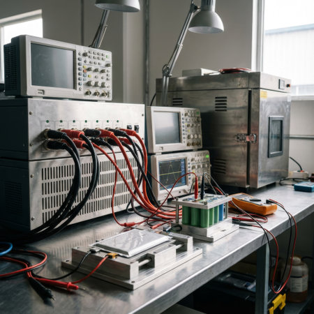 A high-tech laboratory workbench set up for advanced battery research, featuring oscilloscopes, a thermal chamber, and lithium-ion cell prototypes connected by intricate wiring.の素材