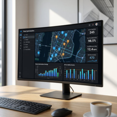 A logistics manager's workstation featuring a dark mode fleet management dashboard, analyzing vehicle routes, delivery stats, and driver safety scores on a modern display.の素材