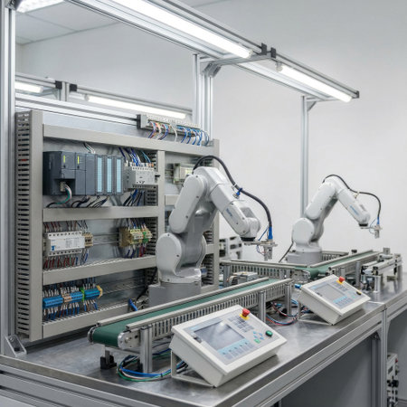 A state-of-the-art industrial automation cell featuring two robotic arms working over a conveyor belt, controlled by a complex PLC cabinet and HMI panels in a clean factory.の素材