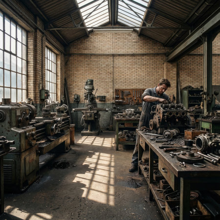 A focused mechanic, hands and face smudged with grease, diligently works on an engine in a vintage, sunlit machine shop filled with heavy equipment and tools.の素材