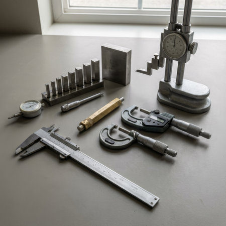 A meticulously arranged collection of precision engineering tools, including calipers, micrometers, and gauges, rests on a gray surface illuminated by soft, natural window light.の素材