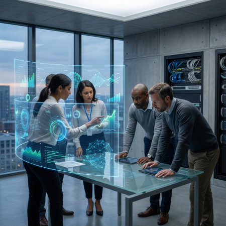 A diverse team of professionals collaborates in a futuristic server room, analyzing complex data visualizations on a large, glowing holographic interface projected above a glass table.の素材