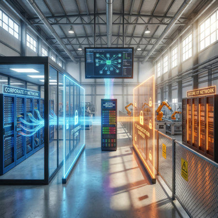 In a sunlit factory, glowing blue and orange barriers represent the crucial firewall separating corporate IT servers from the secure OT network controlling robotic arms.の素材