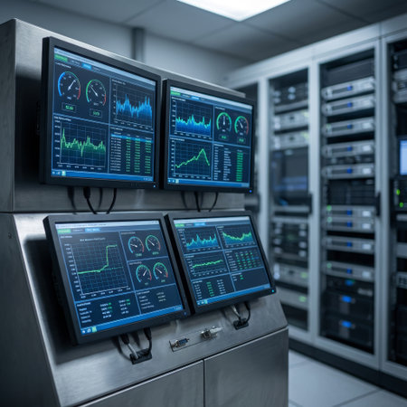 The nerve center of a modern data center, where four monitors on a sleek console track live system analytics, ensuring optimal performance of the server racks in the background.の素材